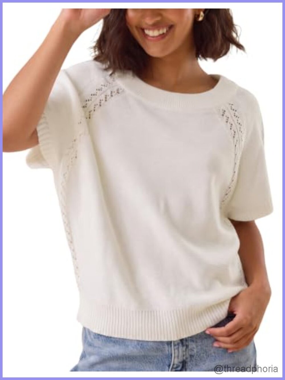 Women Knit Crochet Top Short Sleeve Crew Neck Loose Fit Pullover Sweater